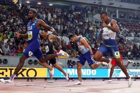 NEW BOLT? NO! USA’s Noah Lyles wins the men’s 20m at the IAAF World Championships in Doha, Qatar yesterday ahead of Canada’s Andre De Grasse, silver, Ecuador’s Alex Quinonez, bronze while Britain’s Adam Gemili finished fourth.