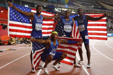 From left, Christian Coleman, Justin Gatlin, Michael Rodgers and Noah Lyles after their pulsating victory. (Reuters  Photo) 