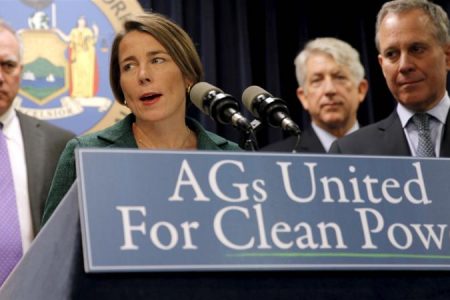 Massachusetts Attorney General Maura Healey speaks at a news conference with New York Attorney General Eric Schneiderman and other US State Attorney's General to announce a state-based effort to combat climate change in the Manhattan borough of New York City, March 29, 2016 [File:Mike Segar/Reuters]