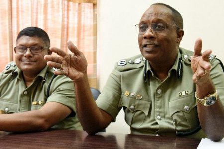 Commissioner of Prisons Gerard Wilson, right, and Deputy Commissioner of Prisons Shamshudeen Mohammed speak to members of the media at the Youth Training Centre, Golden Grove, Arouca, on Thursday.