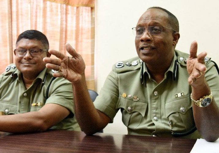 Commissioner of Prisons Gerard Wilson, right, and Deputy Commissioner of Prisons Shamshudeen Mohammed speak to members of the media at the Youth Training Centre, Golden Grove, Arouca, on Thursday.