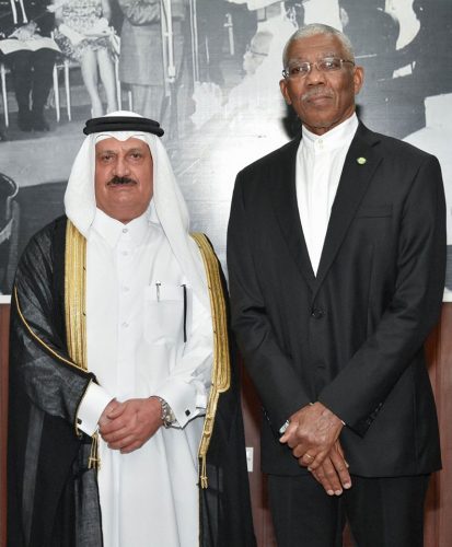 President David Granger (right) with Ahmed Ibrahim Abdulla Al-Abdulla, Non-Resident Ambassador of Qatar to Guyana. (Ministry of the Presidency photo)