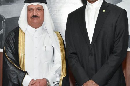 President David Granger (right) with Ahmed Ibrahim Abdulla Al-Abdulla, Non-Resident Ambassador of Qatar to Guyana. (Ministry of the Presidency photo)
