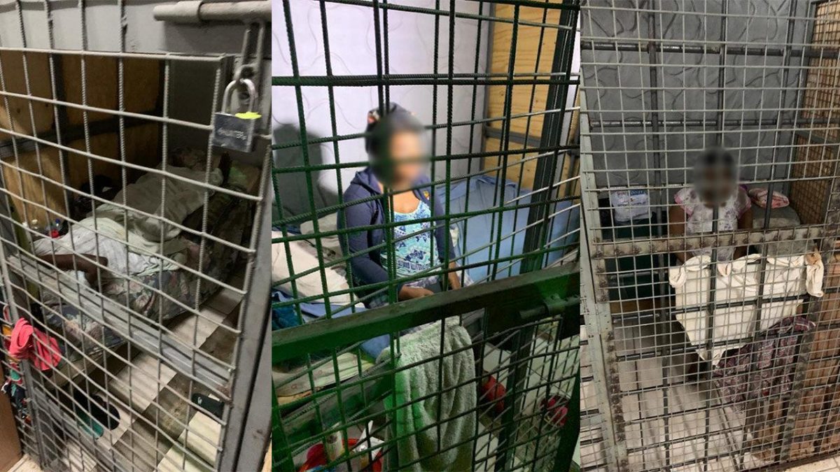 Three persons are seen in cages at the Transformed Rehabilitation Life Ministry Centre, where 69 persons were found at the facility in Arouca last night, during a police exercise.