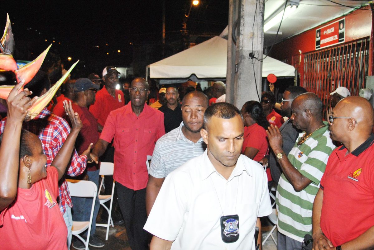 Trinidad & Tobago Prime Minister Dr Keith Rowley arrives at the the PNM’s post-Budget meeting at Piggott’s Corner in Belmont last night.