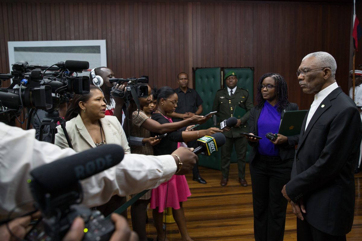 President David Granger speaks to the media on the sidelines of an accreditation ceremony at the Ministry of the Presidency. (Department of Public Information photo)