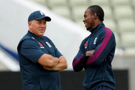 FLASHBACK! England’s Jofra Archer, rights talks with bowling coach Chris Silverwood during nets. (Reuters photo)
