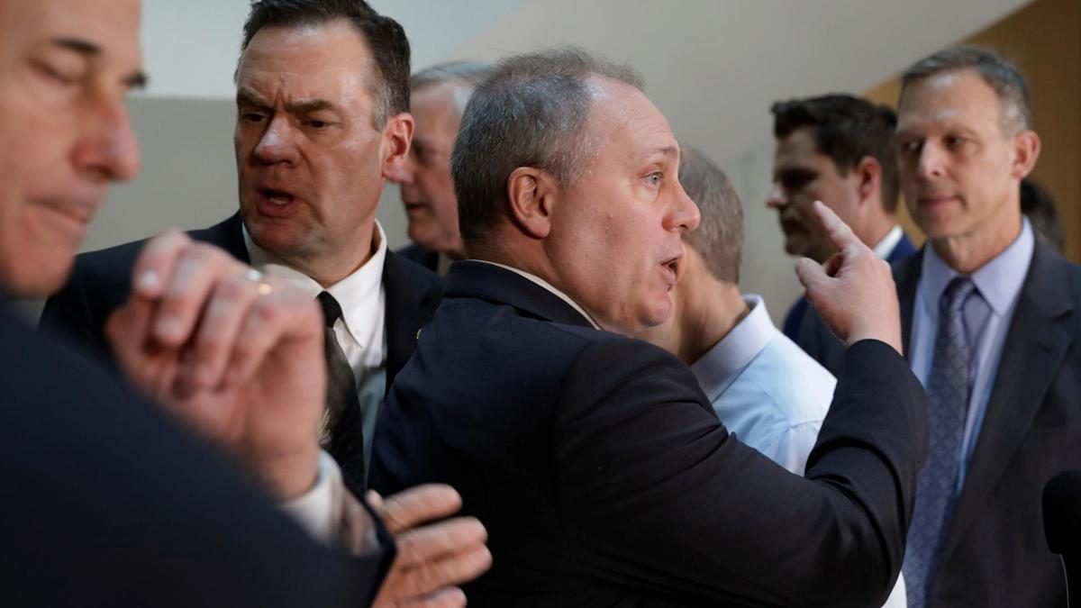 Republican congressmen including House Mintority Whip Steve Scalise speak to the media outside a secure area as Laura Cooper testified in a closed-door depositioin the impeachment inquiry into President Donald Trump on Wednesday. Reuters