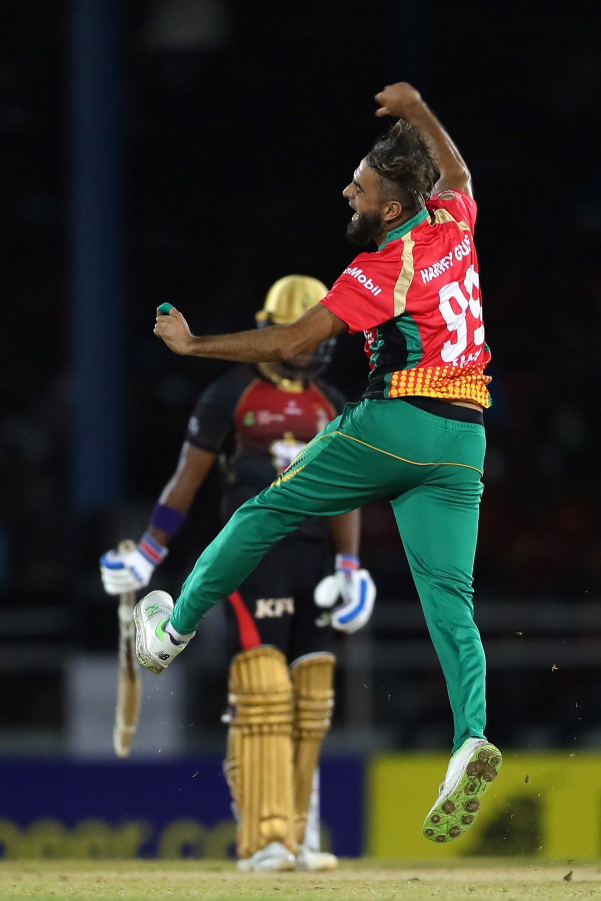 Imran Tahir brought it home for the Guyana Amazon Warriors bowling a sensational final over during which he got rid of topscorer and Trinbago Knight Riders captain Kieron Pollard. (Photo courtesy of CPL) 