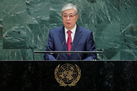 Kazakh President Kassym-Jomart Tokayev addresses the 74th session of the United Nations General Assembly at U.N. headquarters in New York City, New York, U.S., September 24, 2019. REUTERS/Eduardo Munoz