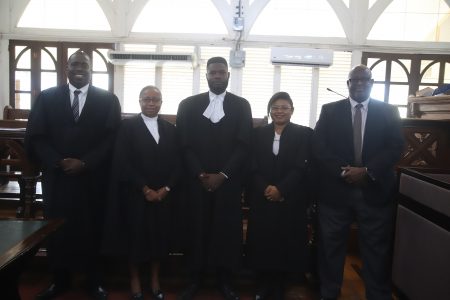 From left: Teni Housty, attorney-at-law, Chief Justice (ag) Roxane George, S.C., Chevy Devonish, attorney-at-law, Shantel Scott-Lall, attorney-at-law, and Stephen Fraser, S.C. 