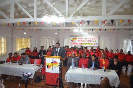 People’s Progressive Party/Civic presidential candidate Irfaan Ali speaking at the launch of an outline of the party’s manifesto yesterday.