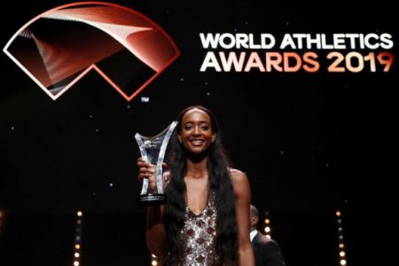 World 400m hurdles champion Dalilah Muhammad of the U.S. wins the Female Athlete of the Year Award. (REUTERS/Eric Gaillard)