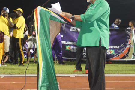 Frederick McWilfred speaking during the closing ceremony of this year’s ‘Nationals’ on Friday night at the National Track and Field Centre. (Emmerson Campbell photo)
