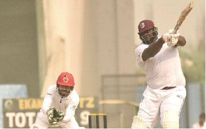Rahkeem Cornwall hits through the off-side during his swift 44 on the final day of the three-day tour match yesterday. 