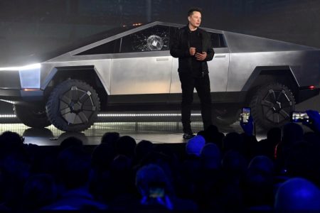 Tesla CEO Elon Musk unveils the Cybertruck at the TeslaDesign Studio in Hawthorne, Calif. The cracked window glass occurred during a demonstration on the strength of the glass. (Robert Hanashiro-USA TODAY photo)