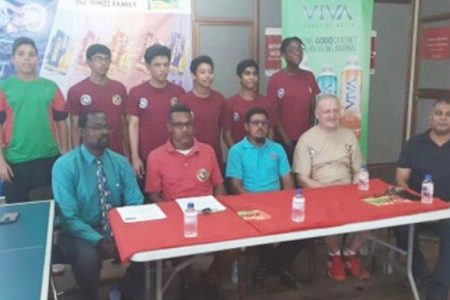 Member of the launch party, from left to right for the Titans Table Tennis Club High Performance camp, PRO Daniel Thomas, President Dwain Dick, Adam Rahaman of New GPC, Christian Lilleroos and Ramdeo Kumar of Beacon Café alongside some of the participants.