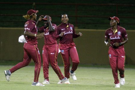 West Indies Women celebrate the wicket of Harmapreet Kaur. (Orlando Charles photo)