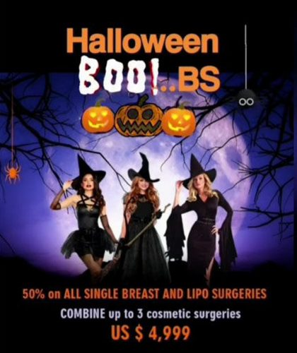 A social media advertisement offers “Halloween Boobs” and liposuction cosmetic surgery in Venezuela last week