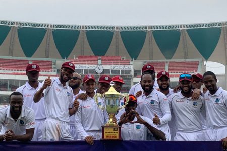 SAVOURING THE VICTORY! The West Indies players can hardly contain their excitement after their nine-wicket victory yesterday.
