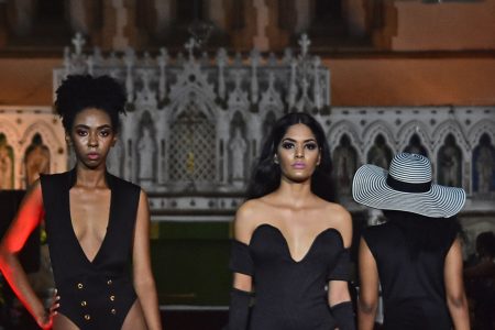 Models display designs from Designs by Sade Ellis Collection entitled "Noir et Blanc" during the Styleweek 2019 at the Holy Trinity Cathedral, Port-of-Spain, on Saturday