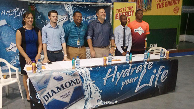 Members of the launch party for the 15th edition of the Diamond Mineral Water Indoor Hockey Festival from left to right-GHB Secretary Trisha Fiedtkou, Nicholas Yearwood, Communications Manager of ExxonMobil, Treiston Joseph, Communications Director of Ansa McAl, GHB President Phillip Fernandes, Larry Wills, Diamond Mineral Water Brand Manager and GHB Executive Devin Hooper