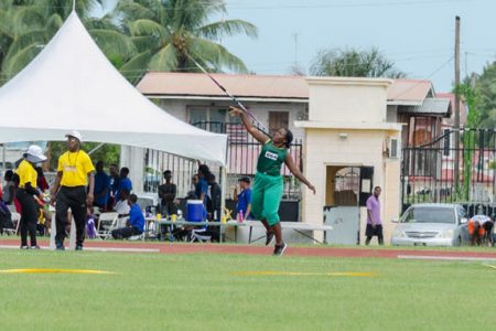 One of the javelin throwers launches her spear into the air (Department of Public Information photo)