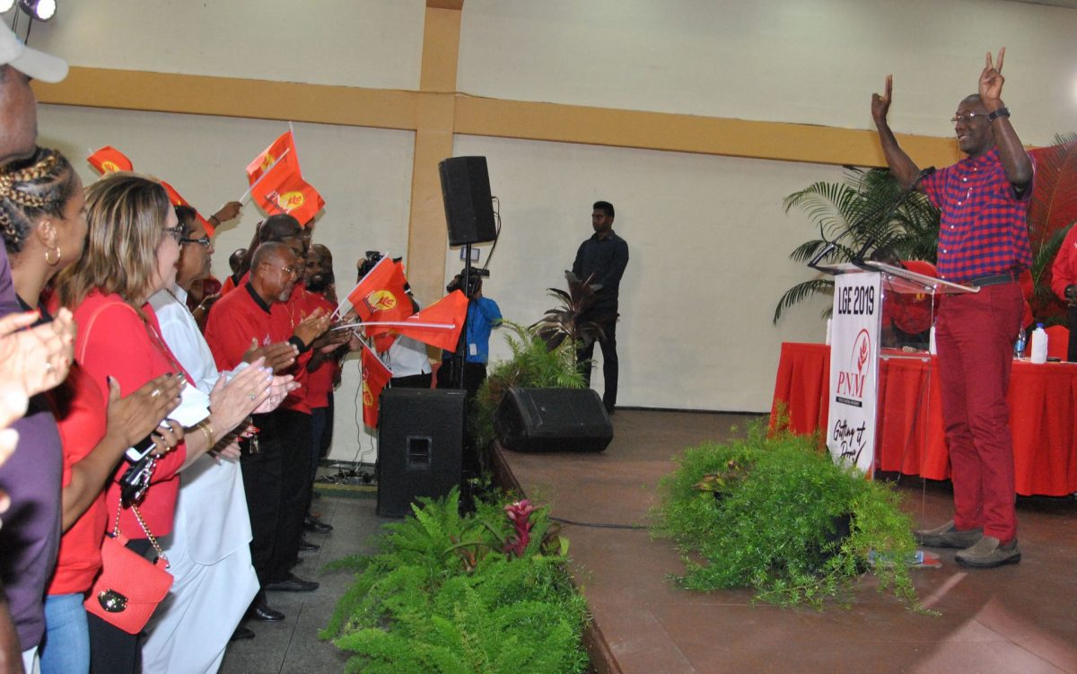 Prime Minister Dr Keith Rowley before his address to supporters at the PNM’s Local Government meeting at the La Horquetta Complex, last night.