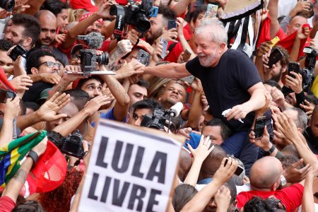Luiz Inacio Lula da Silva greeting supporters after having been freed (Reuters/Nacho Doce)