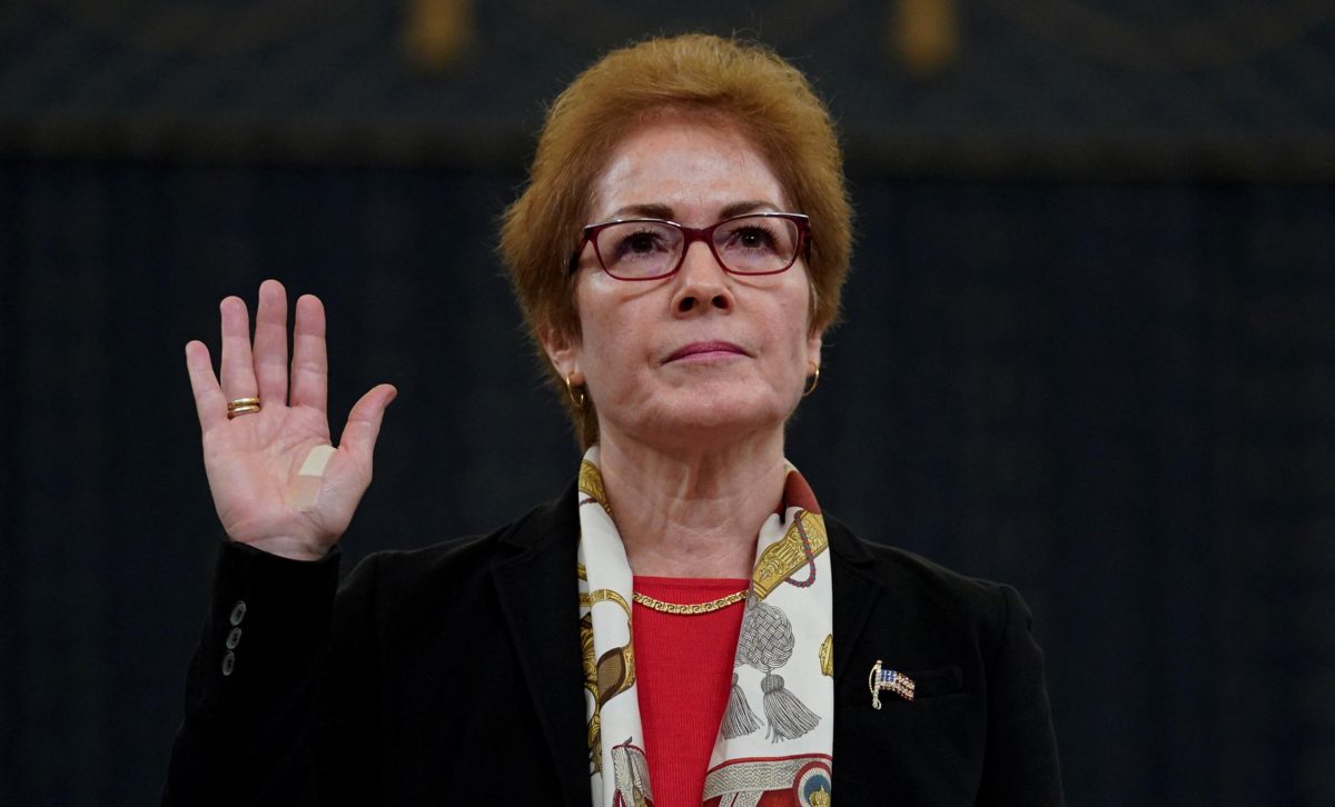 Marie Yovanovitch being sworn in today to testify. (Reuters/Jonathan Ernst)