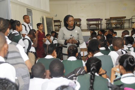 Minister of Education Nicolette Henry speaking to the students (Ministry of Education photo)