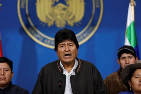 Bolivia’s President Evo Morales addresses the media at the presidential hangar in the Bolivian Air Force terminal in El Alto, Bolivia, November 10, 2019. REUTERS/Carlos Garcia Rawlins