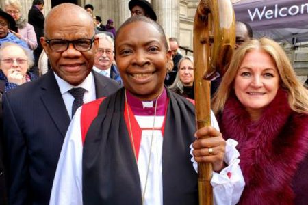 Bishop of Dover in the Church of England, Jamaican Reverend Rose Hudson-Wilkin (centre) with Jamaica's High Commissioner to the UK, Seth George Ramocan (left) and Elizabeth Fox, the Jamaica Tourist Board's Regional Director UK & Northern Europe. Hudson-Wilkin was consecrated at a ceremony at St Paul's Cathedral on Tuesday, November 19, 2019 – Dave Rodney photo.