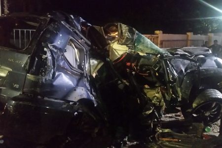 The mangled vehicle, registration number PTT 6775 in which Dillon DeRamos and Brian Eastman were travelling last evening 
