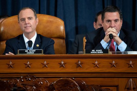 Chairman Adam Schiff (L), Democrat of California, and Ranking Member Devin Nunes (R), Republican of California, during the first public hearings held by the House Permanent Select Committee on Intelligence as part of the impeachment inquiry into U.S. President Donald Trump, on Capitol Hill in Washington, DC, U.S., November 13, 2019. Saul Loeb/Pool via REUTERS