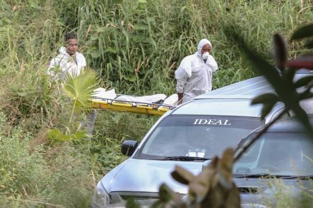 Undertakers from Ideal Funeral Sanctuary Ltd remove the body of an unidentified woman from a lot of land owned by HCL along Caura Royal Road, Caura. - Jeff Mayers