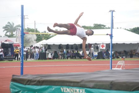 Despite jumping in an unorthodox fashion, 15 year old Dereck Mentis of the Rupununi broke the Boys 15 and Under high jump record yesterday. The St Ignatius Secondary School student leapt 1.84m to erase the old mark of 1.76m