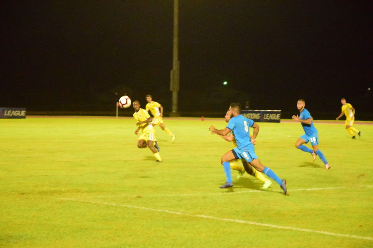 A scene from the Golden Jaguars [yellow] and Aruba in League B of the CONCACAF Nations League at the National Track and Field Center, Leonora in League-B of the CONCACAF Nations League.