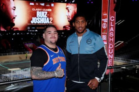 Andy Ruiz Jr and Anthony Joshua pose after a press conference on Wednesday. (Action Images via Reuters/Andrew Couldridge)
