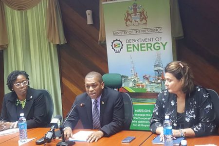 Dr Mark Bynoe (centre) and recently hired Crude Marketing Specialist, Virginia Markouizou (at right) at the news conference yesterday along with DE in-house attorney Joanna Homer.