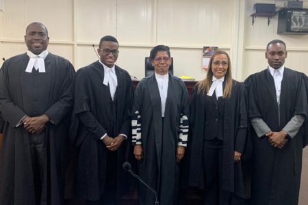 From left are President of the Bar Council of the Guyana Bar Association (GBA) Teni Housty, attorney Rondelle Keller, Justice Sandra Kurtzious, attorney Maria Collins, and Assistant Secretary of the Bar Council of the GBA Keoma Griffith. 