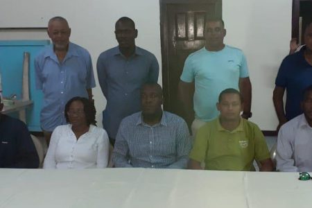 The new executives of the Georgetown Cricket Umpires and Scorers Association, standing from left are Committee Members, Heuvel Cunha, Deon Feassal, Nadir Baksh and Moses Ramnarine while seated from left are Assistant Treasurer Secretary Stephon Josiah, Secretary Karen Bobb-Semple Weatherspoon, President Arleigh Rutherford, Vice President Ryan Banwarie and Public Relations Officer Kelvin Morris.
