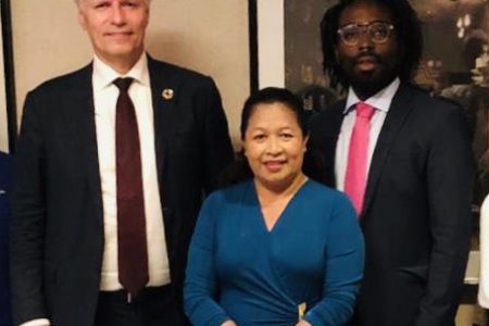 Minister Dawn Hastings-Williams with Norway’s Minister Ola Elvestuen and Marlon Bristol after discussions of the Guyana-Norway partnership in New York in September. (Ministry of the Presidency photo)