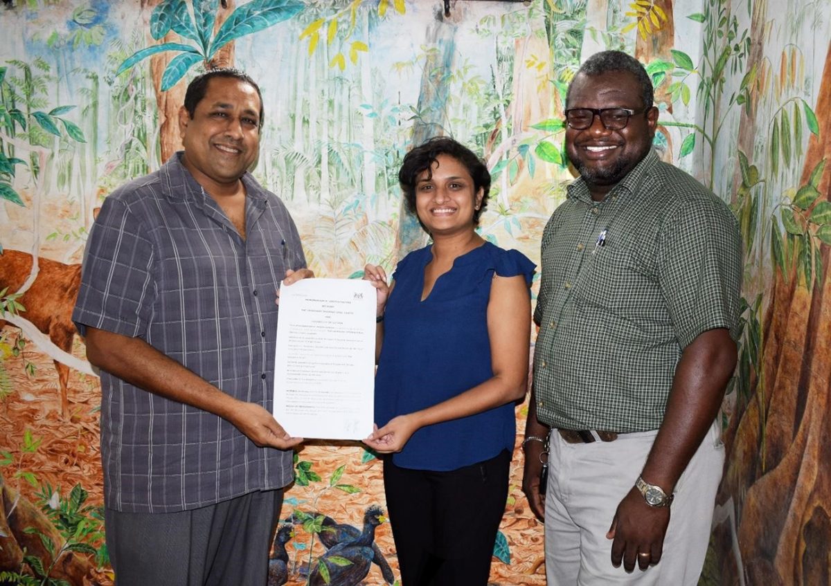 From left are CEO of Iwokrama Dane Gobin, Director of the Centre for Biological Diversity at UG Dr Guyanpriya Maharaj, and former Dean of the Faculty of Natural Sciences and member of the Iwokrama Science Committee Calvin Bernard following the signing of the MoU.  