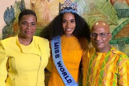 Miss World, Toni-ann Singh and her parents Jahrine Bailey and Bradshaw Singh (Photo: Joseph Wellington)
