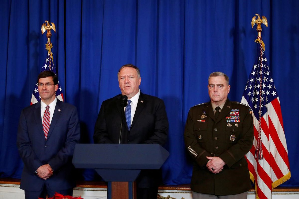 U.S. Secretary of State Mike Pompeo speaks about airstrikes by the U.S. military in Iraq and Syria, at the Mar-a-Lago resort in Palm Beach, Florida, U.S., December 29, 2019. With him are U.S. Army General Mark Milley and U.S. Defense Secretary Mark Esper. REUTERS/Tom Brenner
