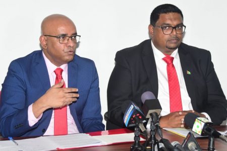 Presidential candidate Irfaan Ali (right) and Opposition Leader Bharrat Jagdeo at the press conference yesterday.