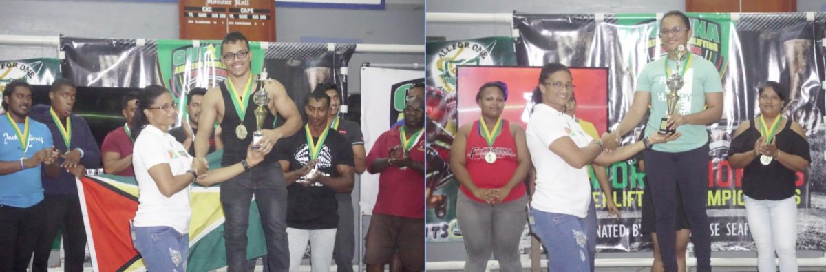 Romario Gonsalves, left, and Tineisha Toney were adjudged the best male and female lifters overall when the Guyana Amateur Powerlifting Federation staged its flagship National Senior Championships on Sunday at St Stanislaus College.
