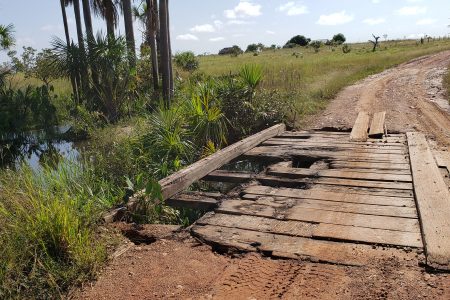 The state of the bridge when Stabroek News visited the region in August. Its condition has since worsened, Aishalton residents say.