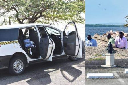 The taxi driven by Lloyd Smith, with a suitcase of clothes on the back seat, is seen at the end of Hanover Street in downtown Kingston where Smith jumped into Kingston Harbour and died. (Photo: Norman Thomas). Right: Police investigators at Kingston Waterfront where taxi driver Lloyd Smith jumped into the sea and died yesterday. (Photo: Norman Thomas)